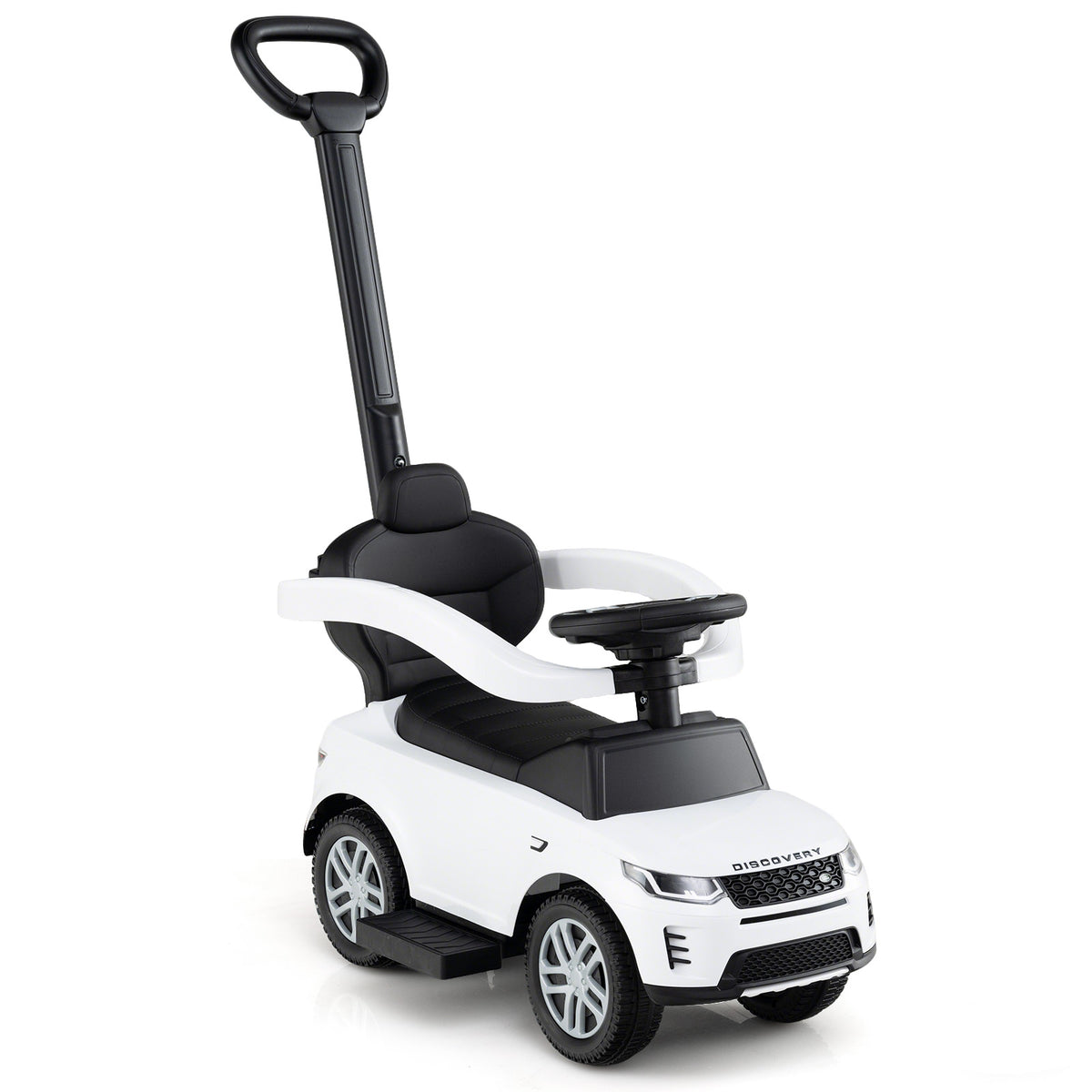 3 in 1 Push Car in white with a black seat and handle, showing the front and side