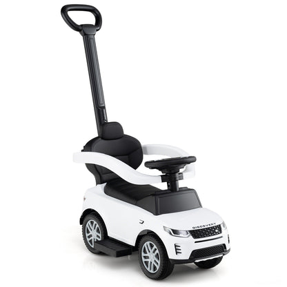3 in 1 Push Car in white with a black seat and handle, showing the front and side