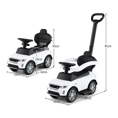 The white ride on toy with dimensions shown for height and width