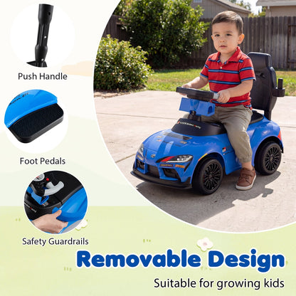 Close up of push handle, foot pedals and safety guardrails on the blue ride-on car