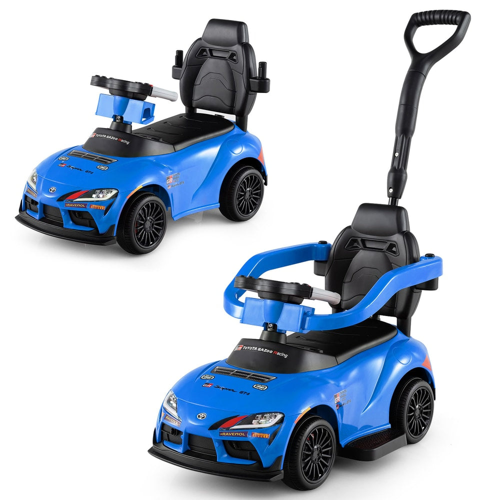 3-in-1 Push Car a blue toddler ride-on car with a parent handle and safety guardrails