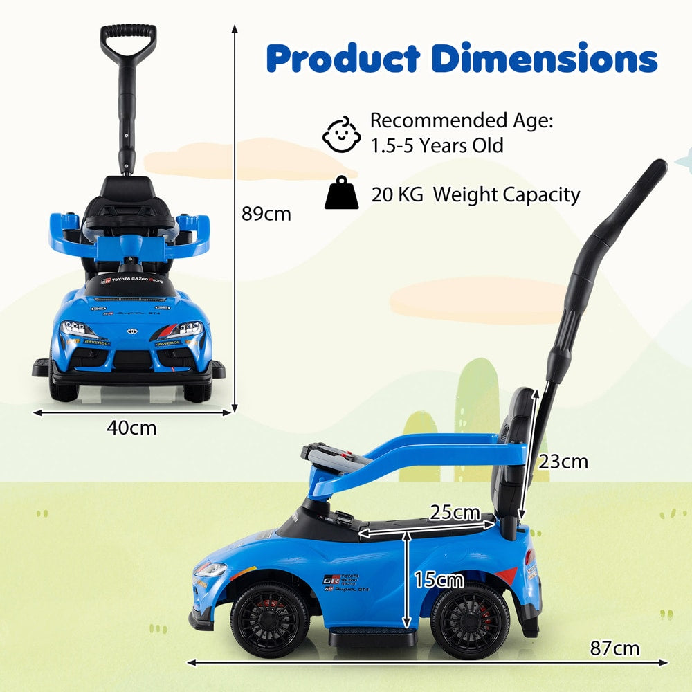 Product dimensions diagram showing height width and depth of the blue push car