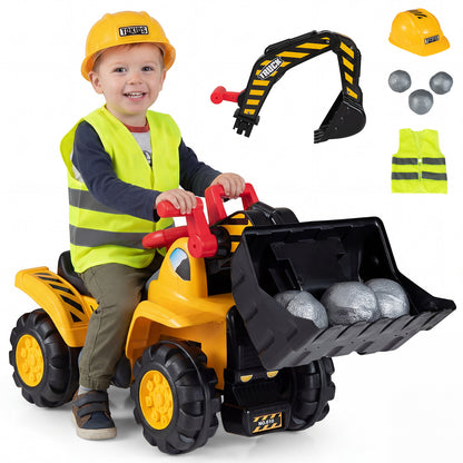 A smiling young boy sitting on the ride on excavator bulldozer with accessories