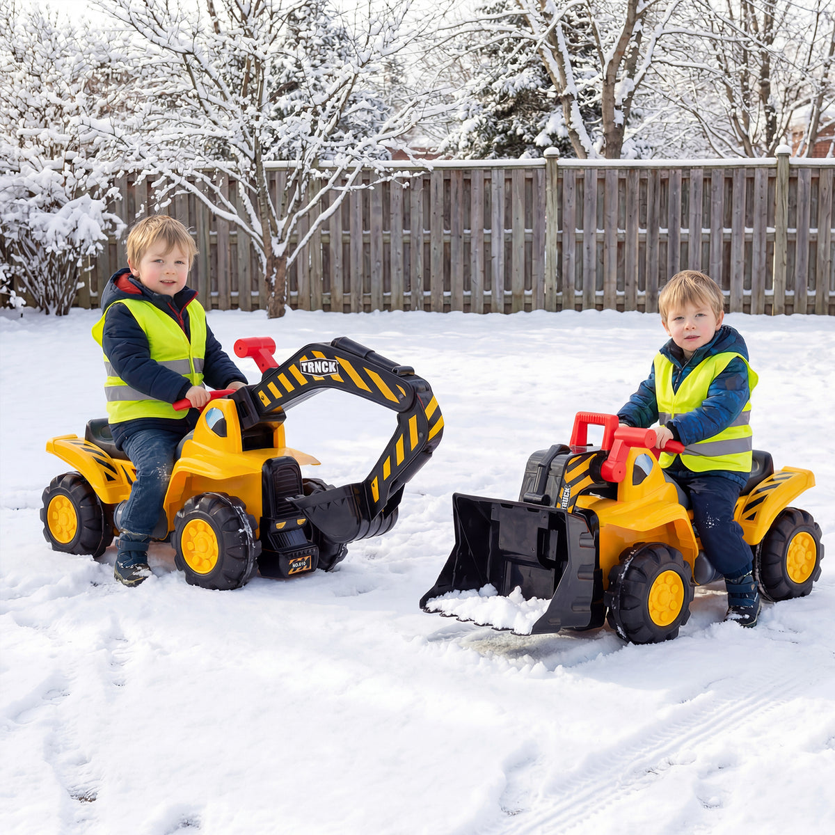 Two children playing with the ride on excavator bulldozer toys in the snow