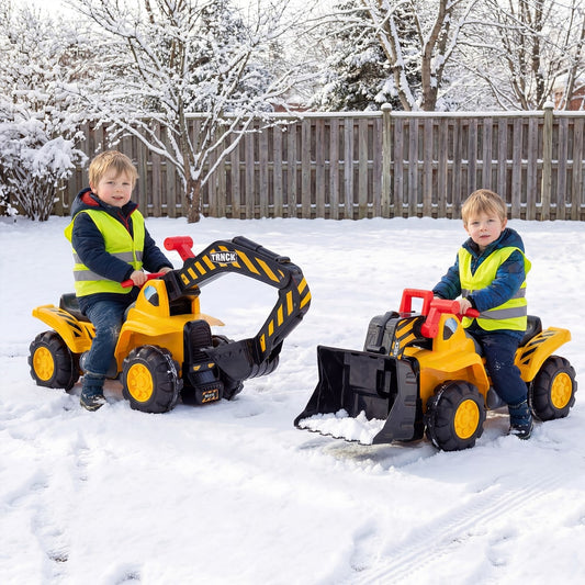 Two children playing with the ride on excavator bulldozer toys in the snow