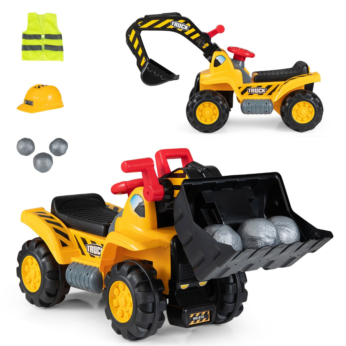 3-in-1 Ride on Excavator Bulldozer with accessories including a hard hat, safety vest and toy stones
