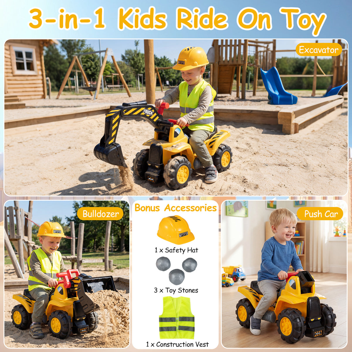 Three views of the 3-in-1 ride on excavator bulldozer: excavator, bulldozer and push car