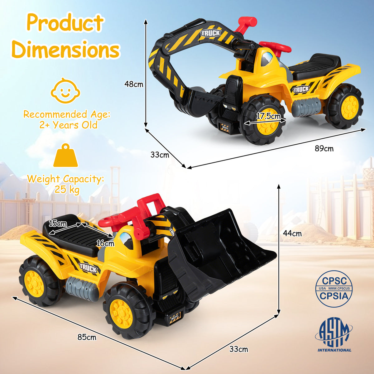 Product dimensions diagram for the 3-in-1 ride on excavator bulldozer