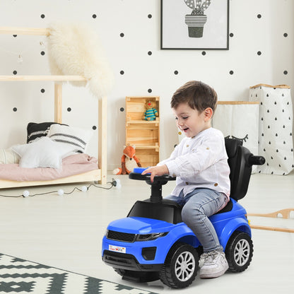 Child sitting on a blue ride on push car stroller in a child's bedroom