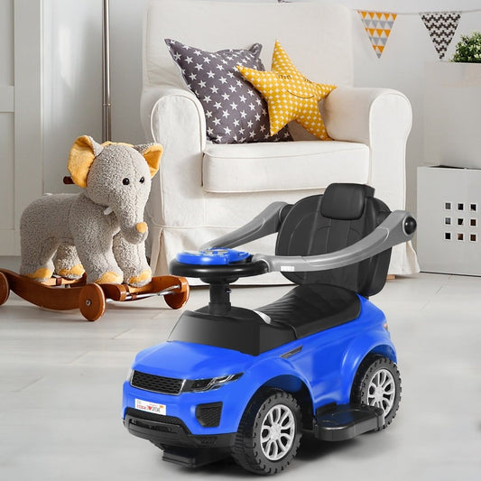 Blue ride on push car stroller in a nursery with a rocking elephant toy
