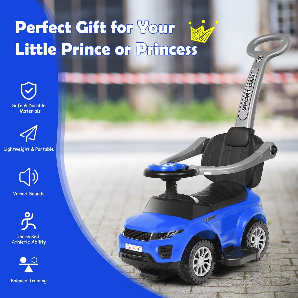 Blue ride on push car stroller with text about benefits like safe, varied sounds and balance training
