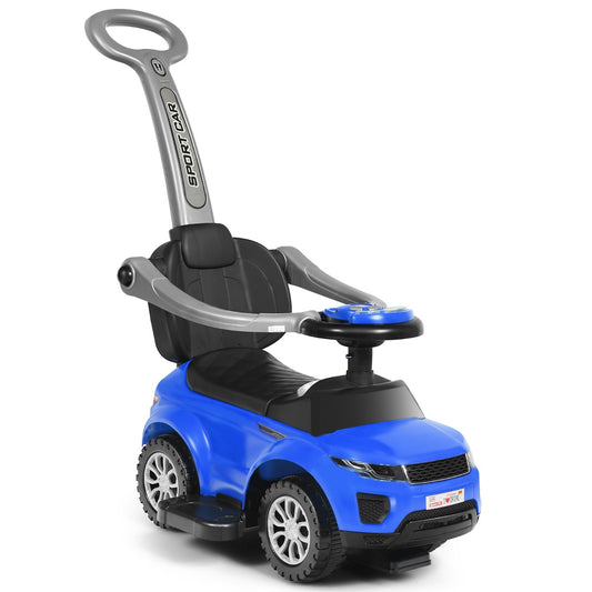 3 in 1 Ride on Push Car Stroller in blue, a toy car with a parent handle and footrests