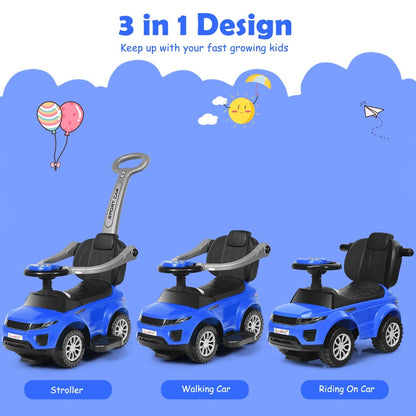 Blue ride on push car stroller shown in three modes: stroller, walking car and riding car
