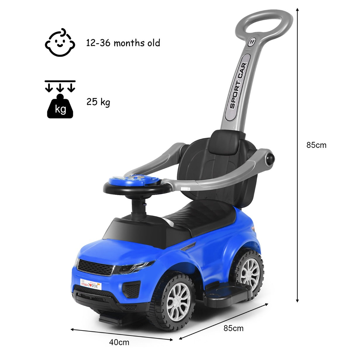 Blue ride on push car stroller with dimensions and weight limit shown