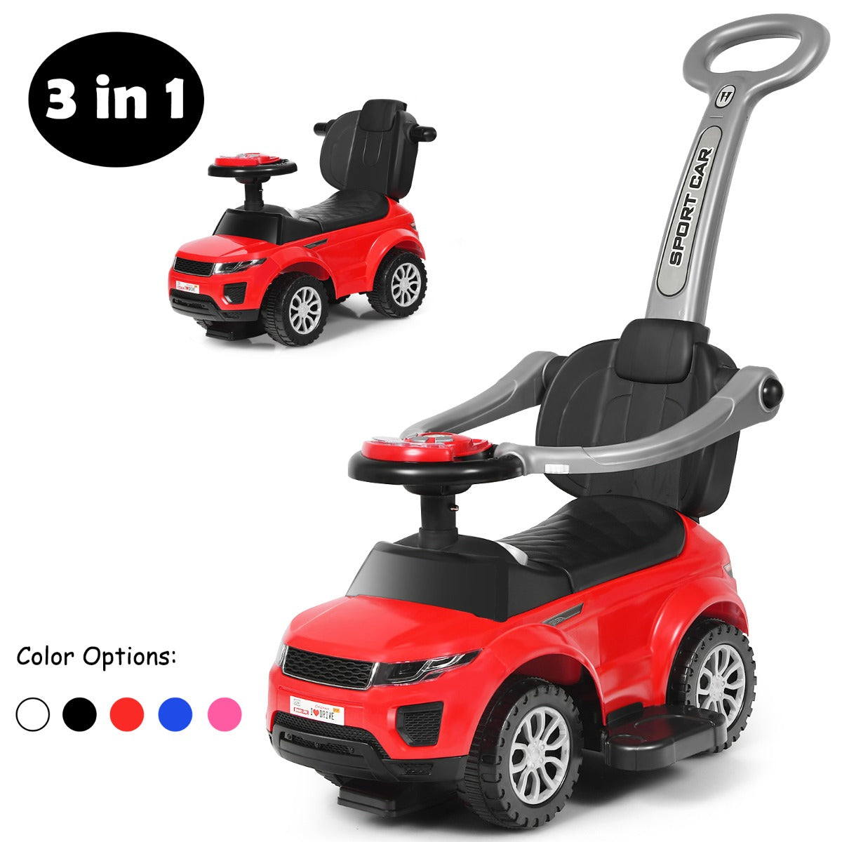 Red 3 in 1 ride on push car stroller with colour options shown