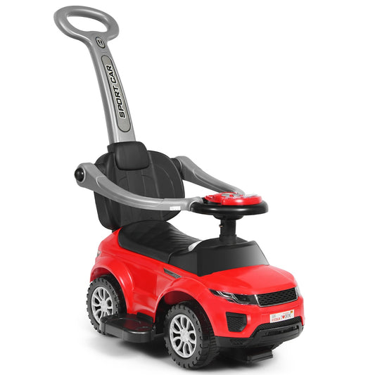 3 in 1 Ride on Push Car Stroller in red, a toy car with a handle and a seat