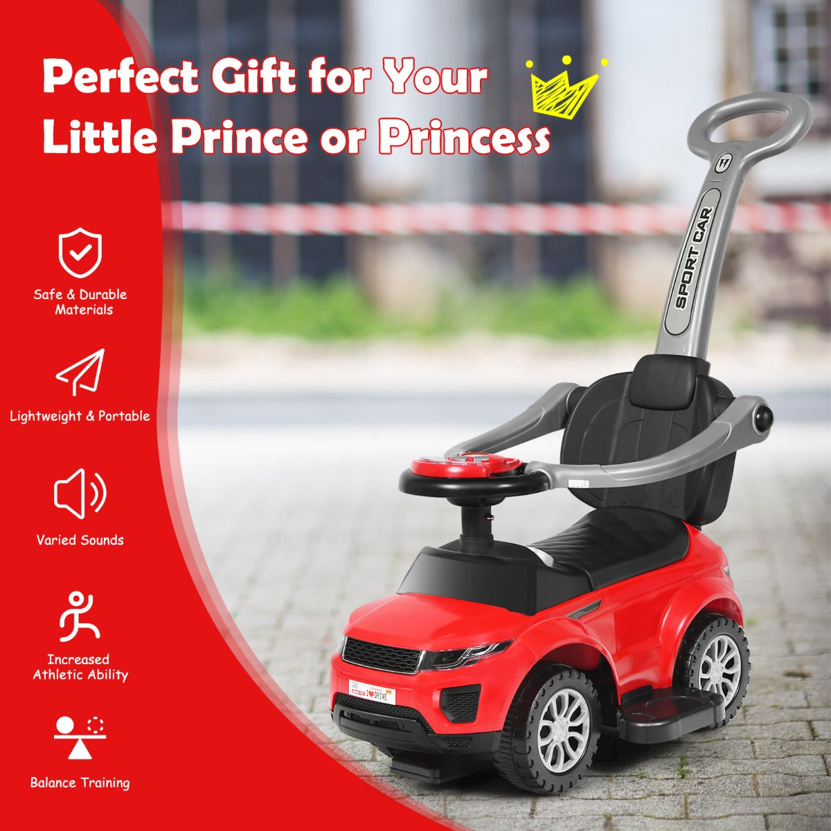 Red 3 in 1 ride on push car stroller with text highlighting benefits