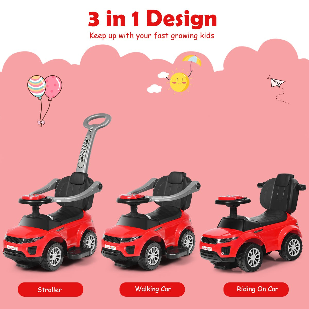 Three modes of the red 3 in 1 ride on push car stroller: stroller, walking car, and riding on