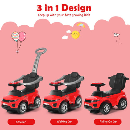 Three modes of the red 3 in 1 ride on push car stroller: stroller, walking car, and riding on