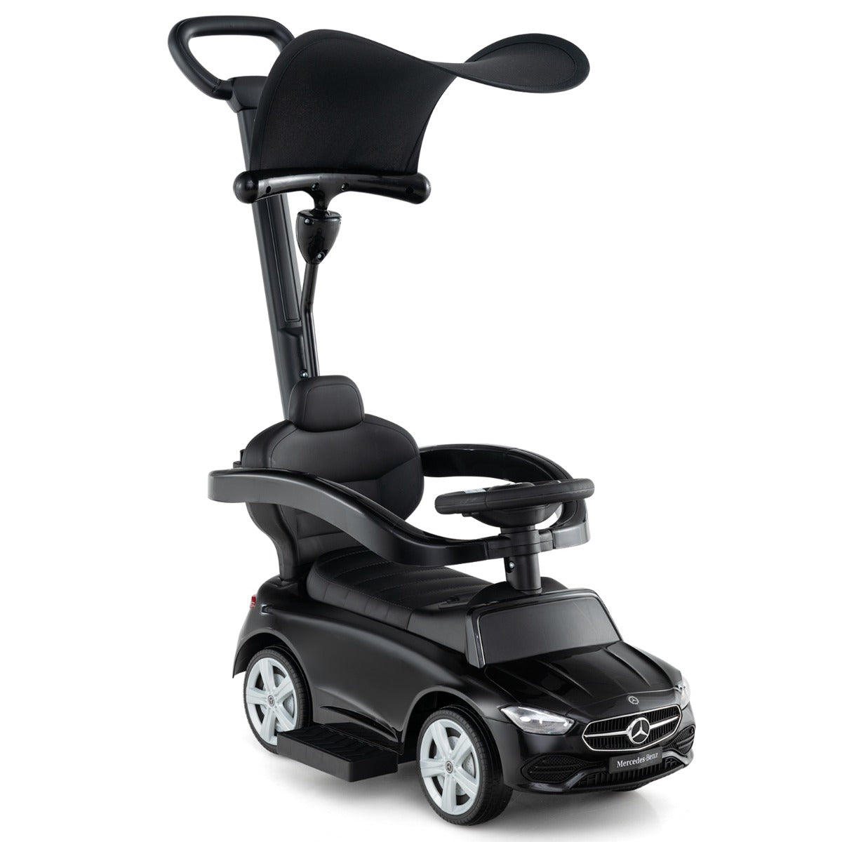 3-in-1 Ride on Push Car in black with a canopy and push bar