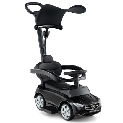 3-in-1 Ride on Push Car in black with a canopy and push bar