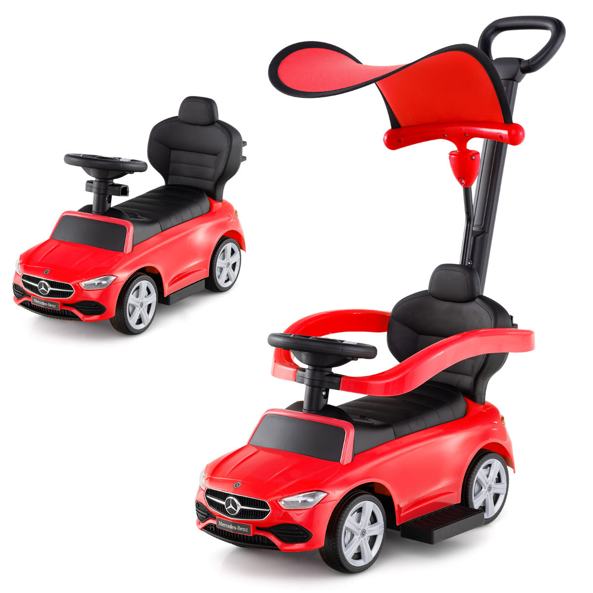 3-in-1 Ride on Push Car shown with and without the canopy and push bar in red