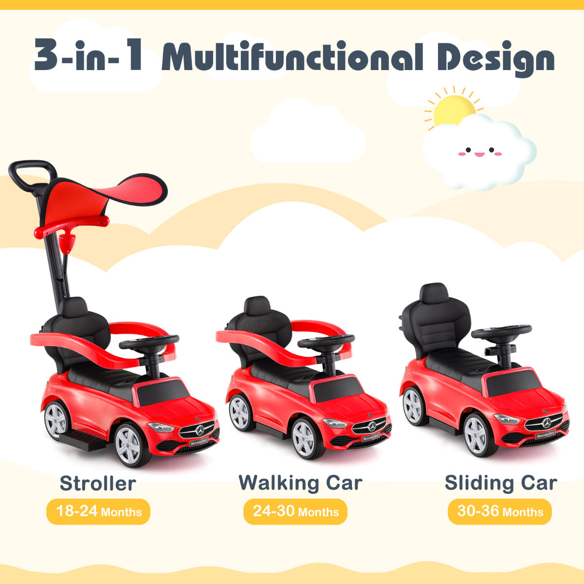 The ride on toy shown in three different configurations for various toddler ages