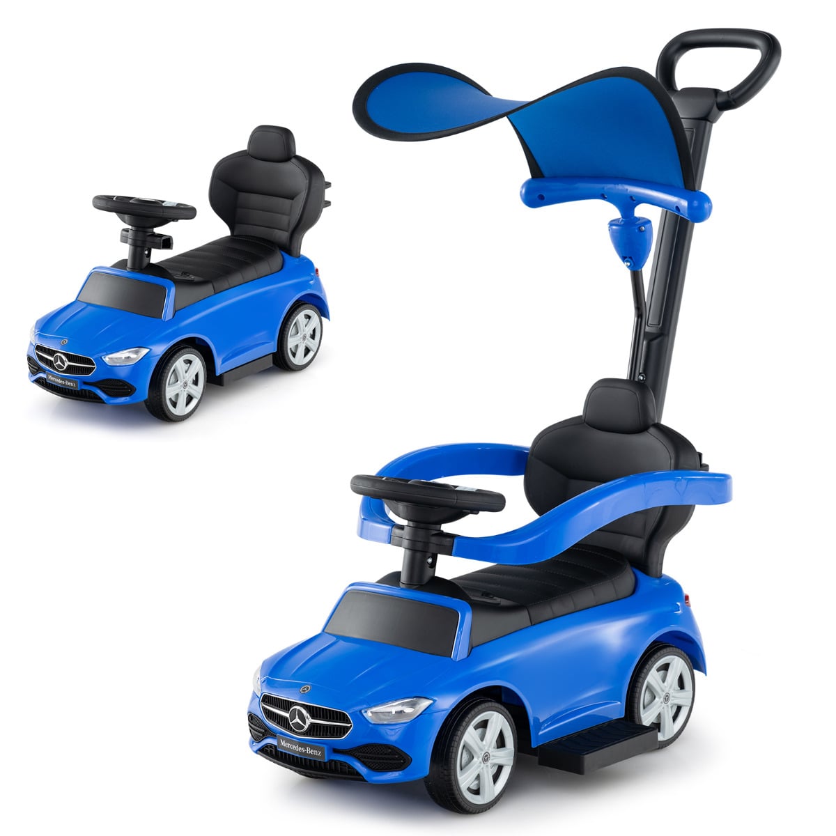 3-in-1 Ride on Push Car with adjustable canopy and steering push bar in navy blue
