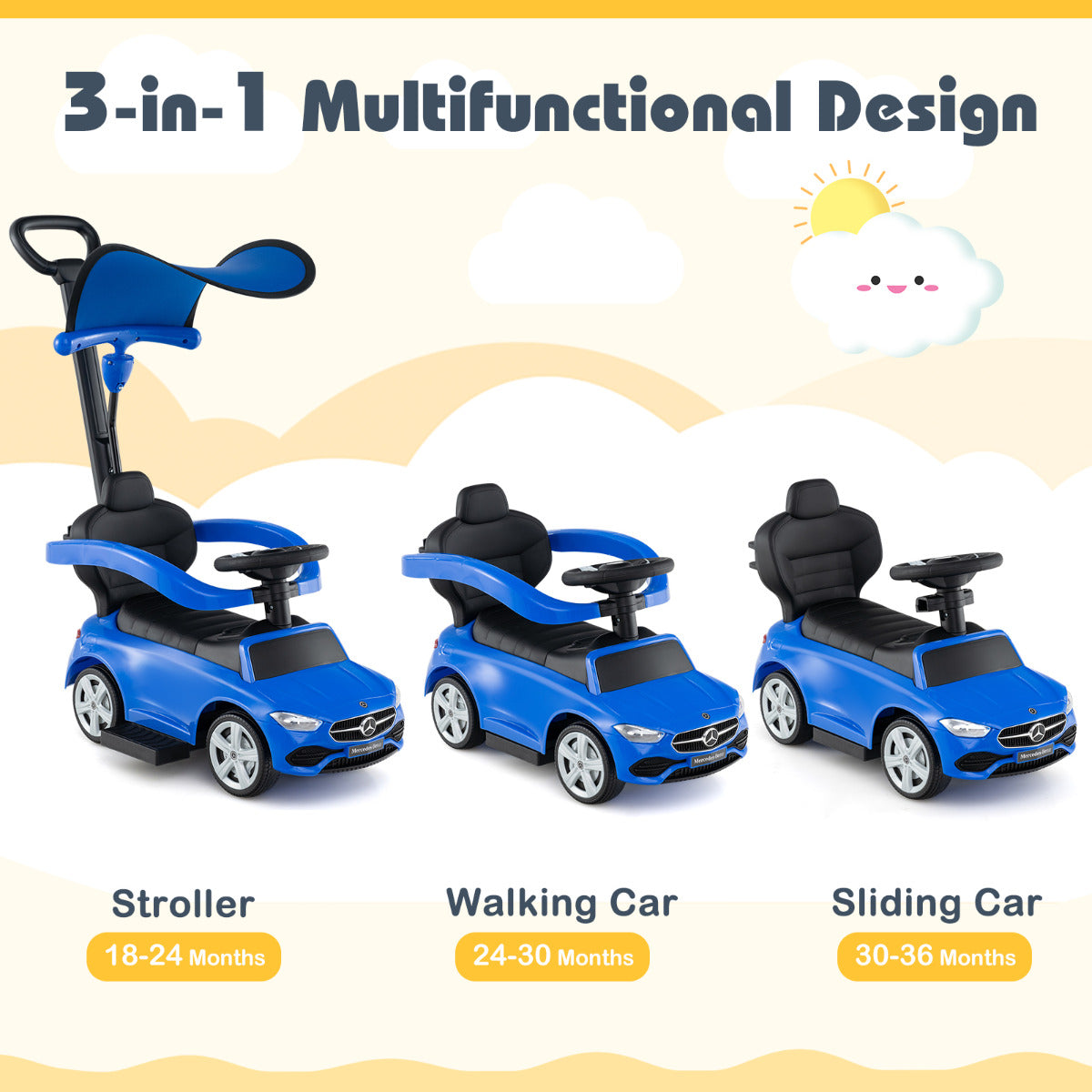 Three stages of the push and pedal ride on toy: stroller, walking car, sliding car