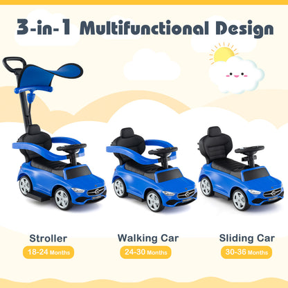 Three stages of the push and pedal ride on toy: stroller, walking car, sliding car