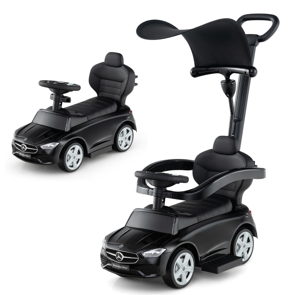 Two views of the black ride on push car, one with canopy and push bar