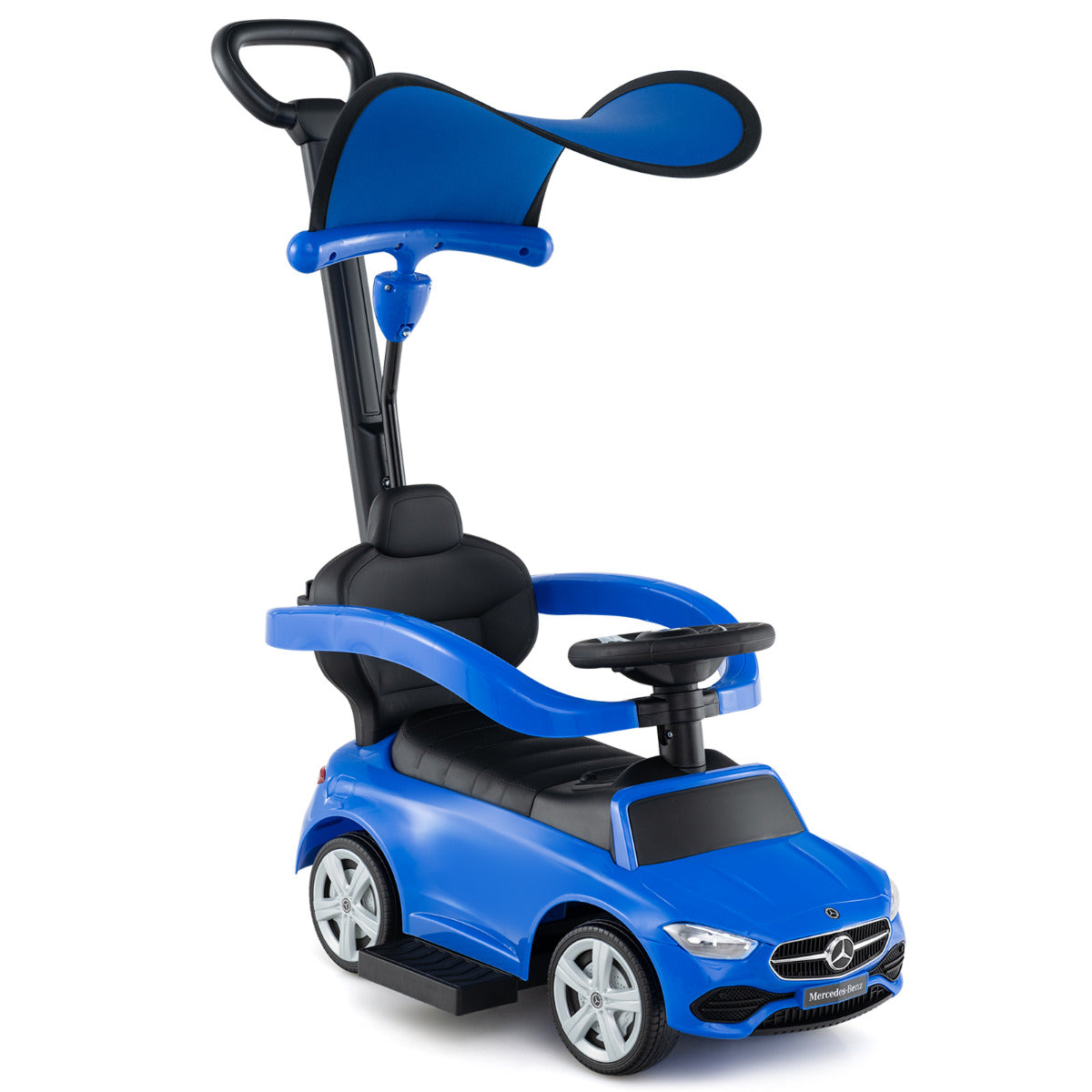 Navy blue ride on push car with canopy and parent handle