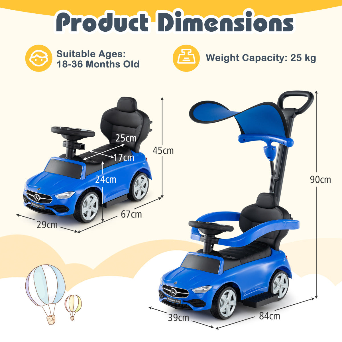 Dimensions diagram for the navy blue ride on push car