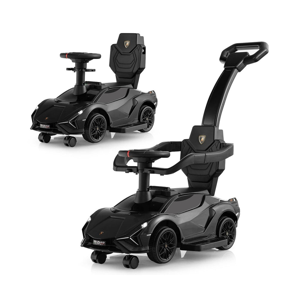 3-in-1 Ride On Push Car in black, shown from a front-side angle with a second car behind it