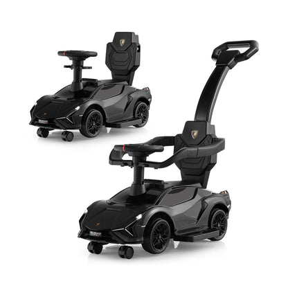 3-in-1 Ride On Push Car in black, shown from a front-side angle with a second car behind it