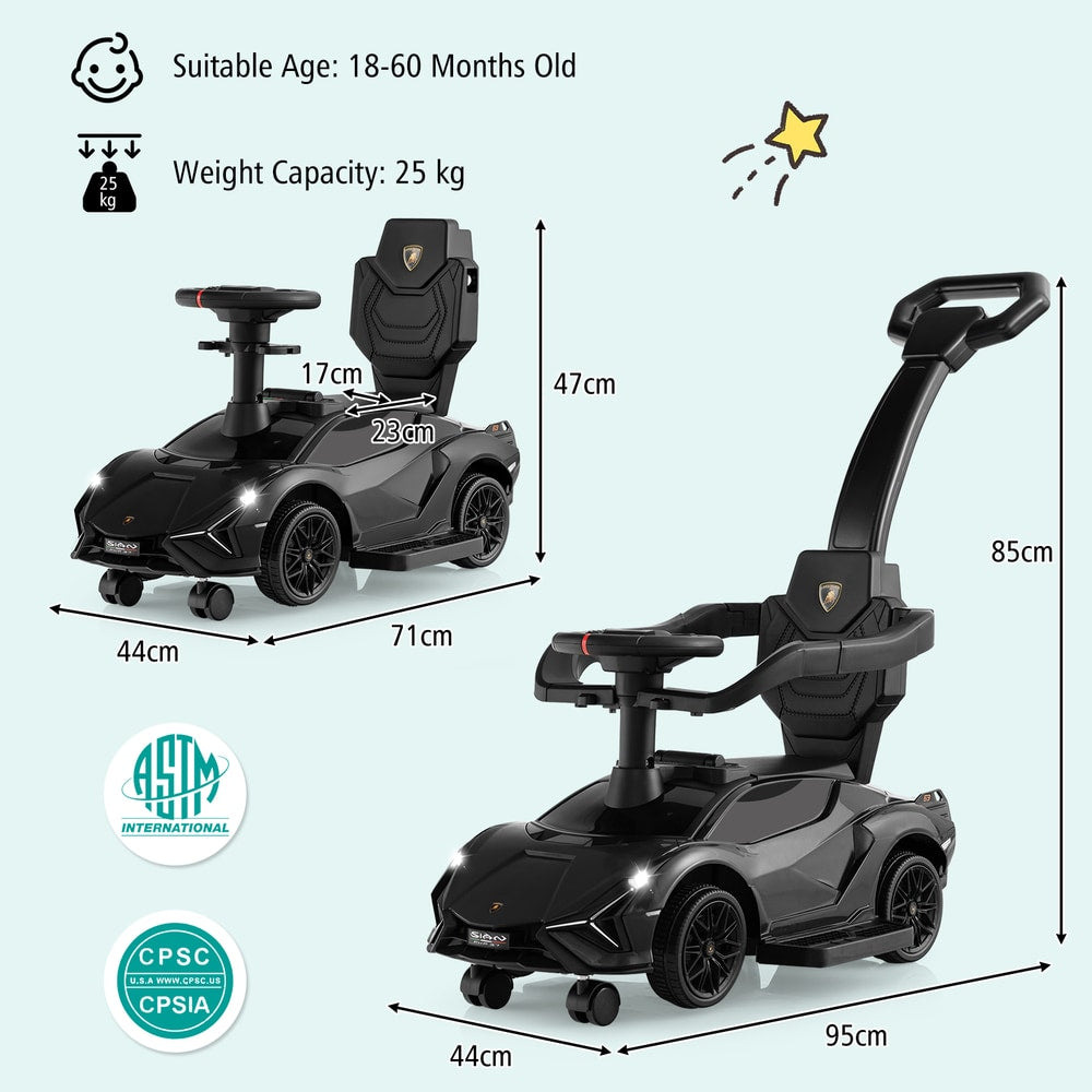 The black ride on push car with dimensions and weight capacity shown