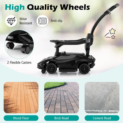 The black ride on push car shown on wood, brick, and cement surfaces