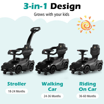 Three stages of the black ride on push car: stroller, walker, and rider