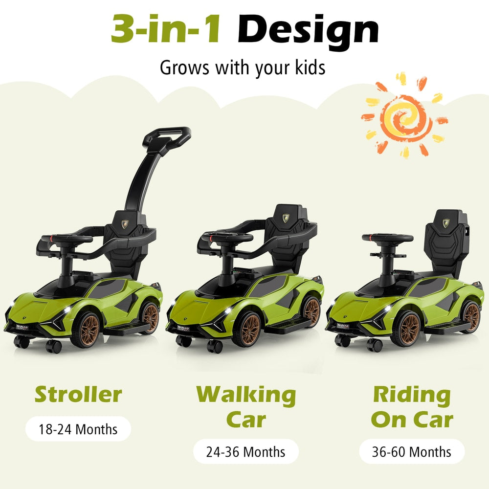 Three stages of the green push car: stroller, walking car, and riding car, with age ranges