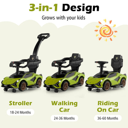 Three stages of the green push car: stroller, walking car, and riding car, with age ranges