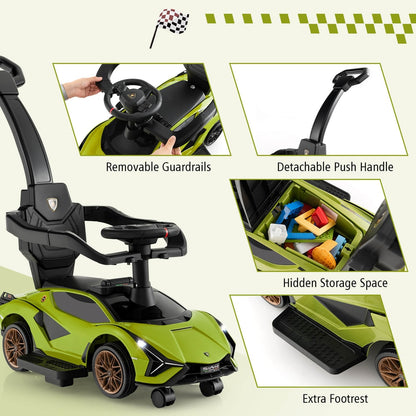 Exploded view of the green push car showing removable guardrails, detachable push handle and storage space