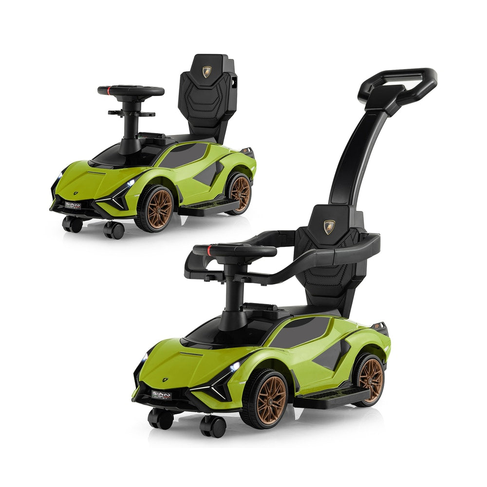 3-in-1 Ride On Push Car in green with black accents, shown from a front-side angle with a second car behind it