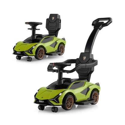 3-in-1 Ride On Push Car in green with black accents, shown from a front-side angle with a second car behind it