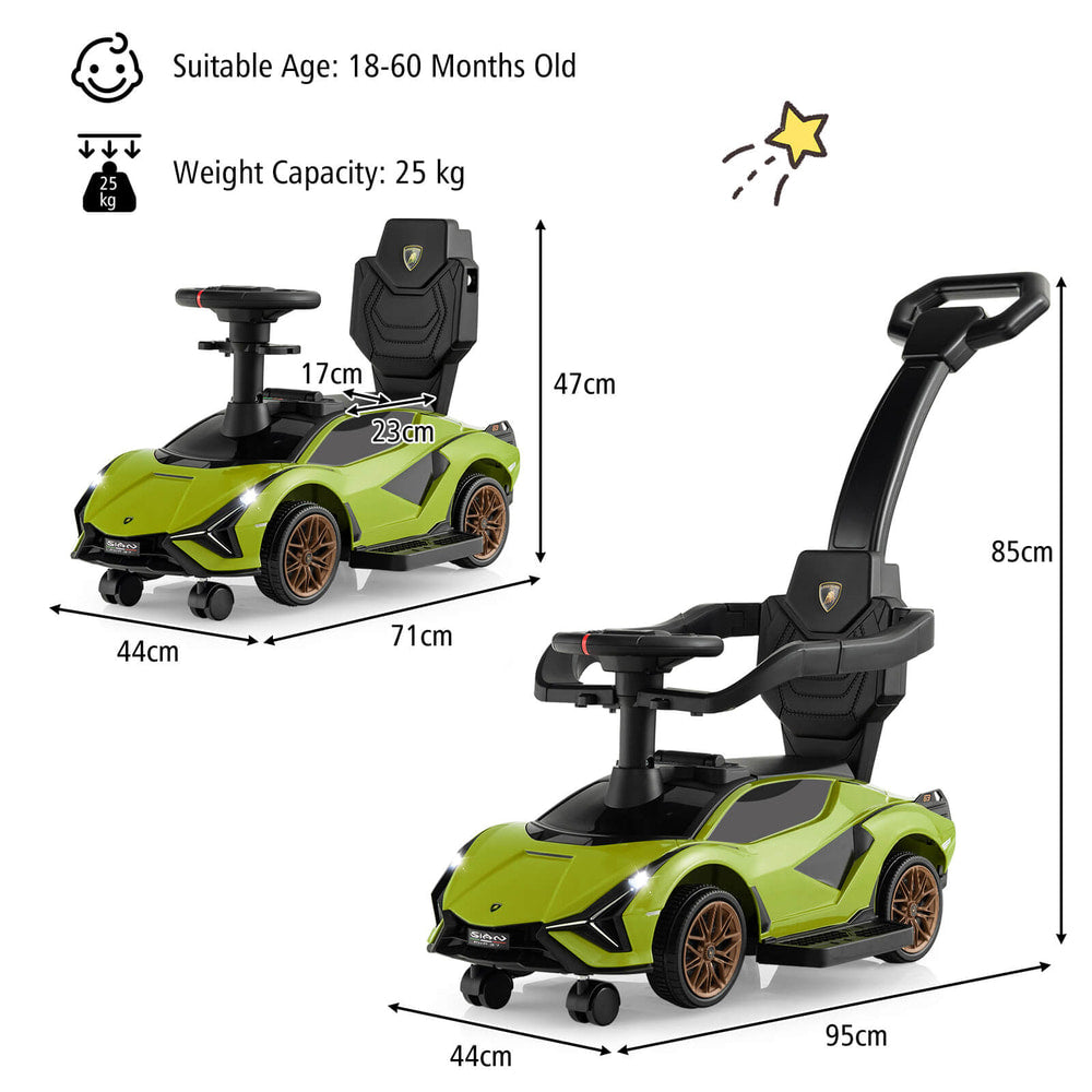 Two green push cars with dimensions and weight capacity clearly labelled