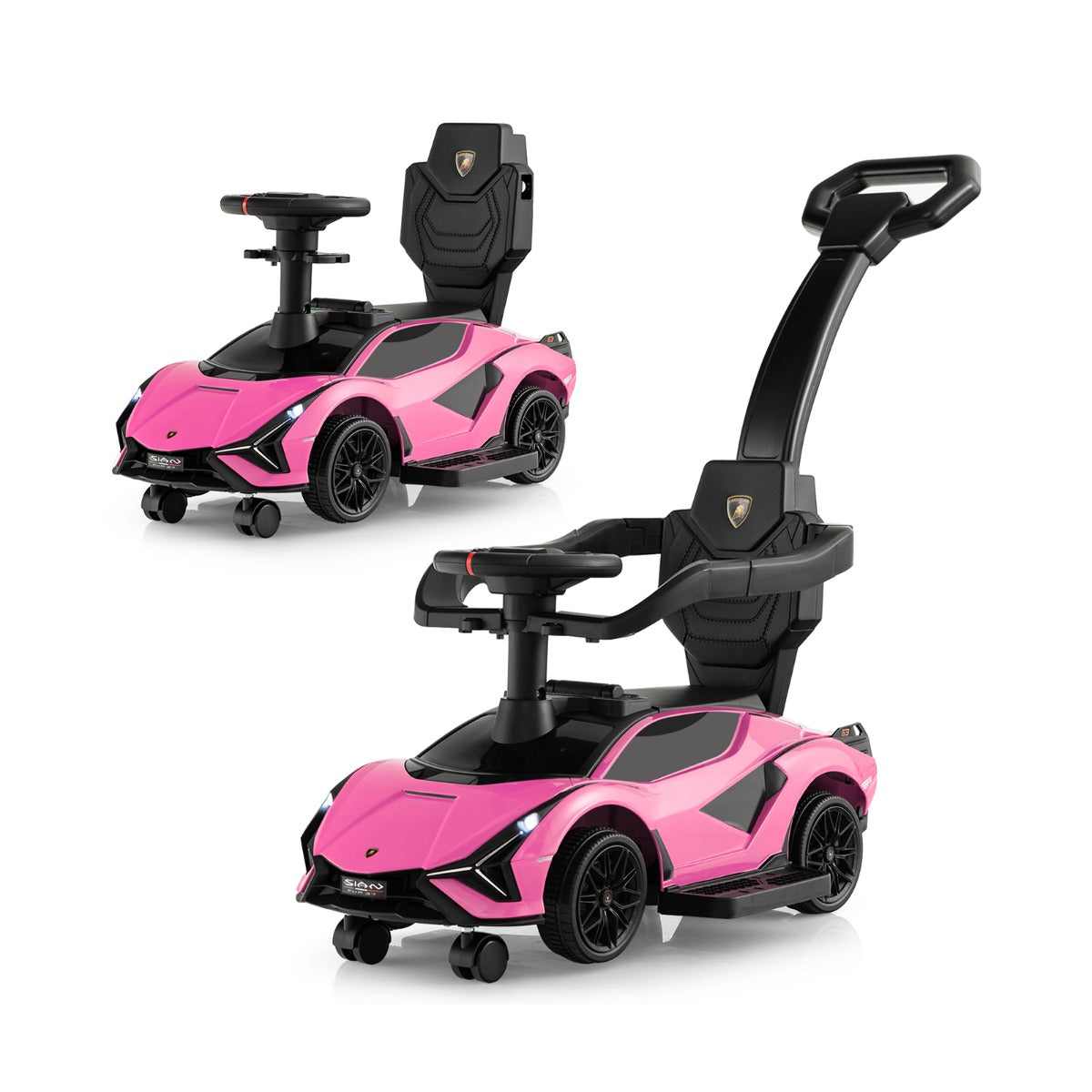 3-in-1 Ride On Push Car in pink with a parent handle and safety guard