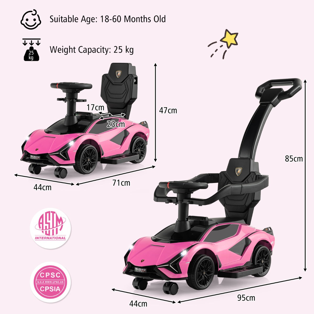The pink ride on push car with dimensions shown