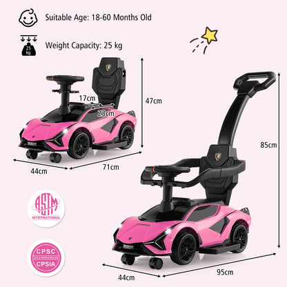 The pink ride on push car with dimensions shown