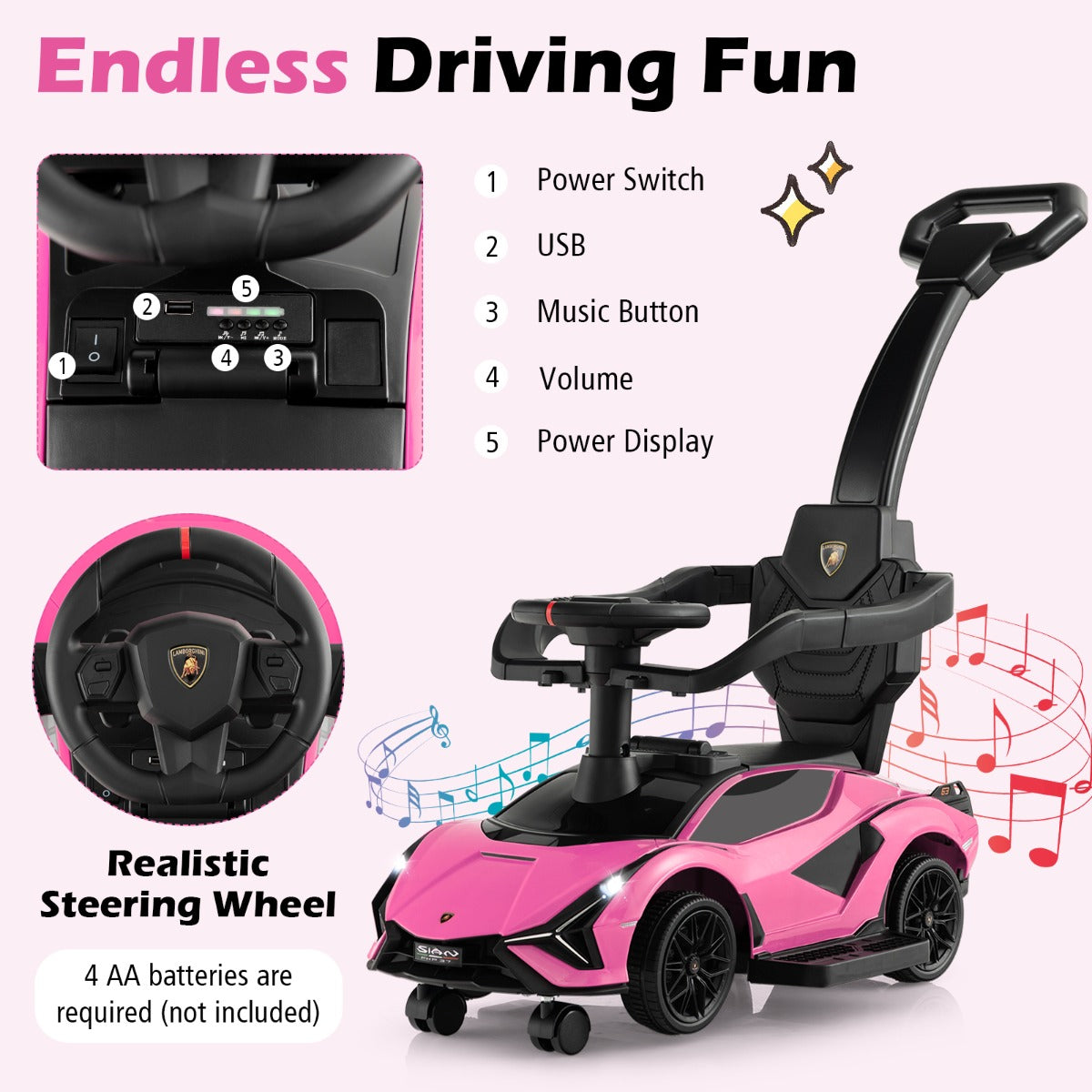 Close up of the steering wheel and control panel on the pink ride on push car