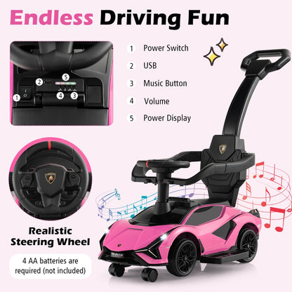Close up of the steering wheel and control panel on the pink ride on push car
