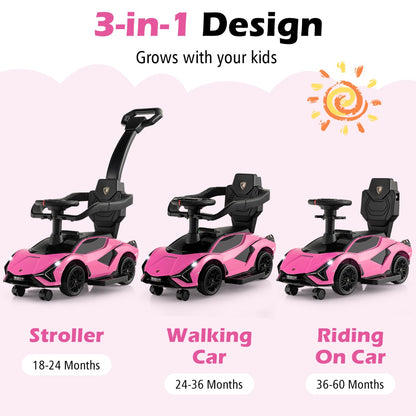The pink ride on push car shown in three stages of use
